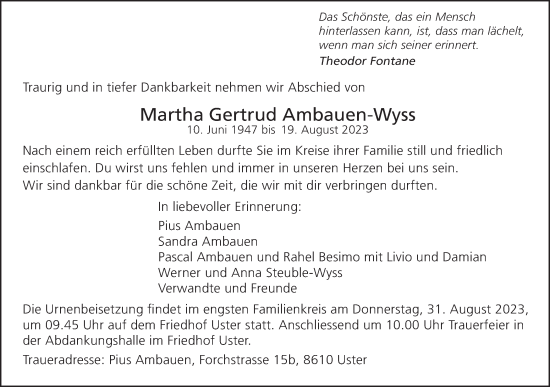 Traueranzeige von Martha Gertrud Ambauen-Wyss von AvU