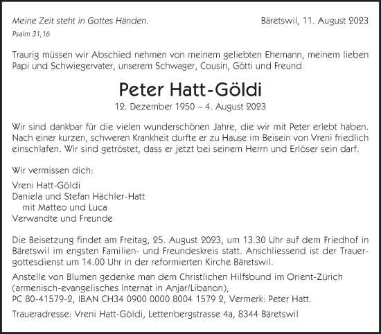 Traueranzeige von Peter Hatt-Göldi von AvU