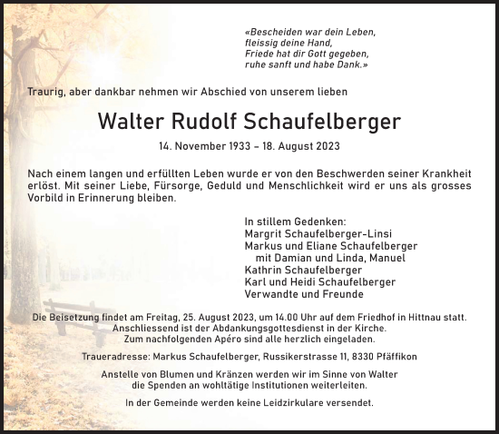 Traueranzeige von Walter Rudolf Schaufelberger von AvU