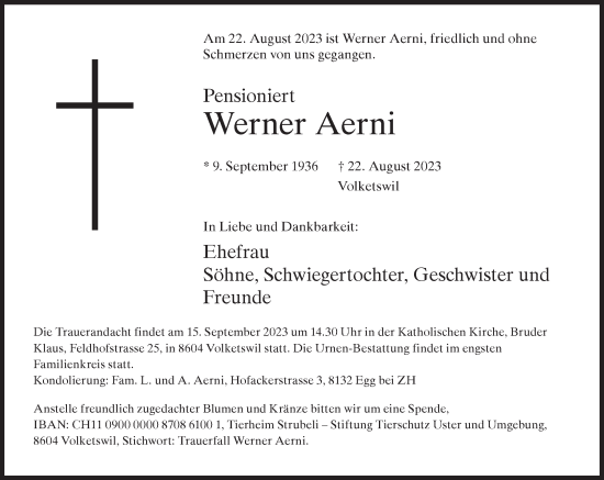 Traueranzeige von Werner Aerni von AvU