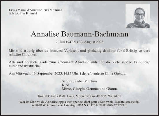 Traueranzeige von Annalise Baumann-Bachmann von AvU