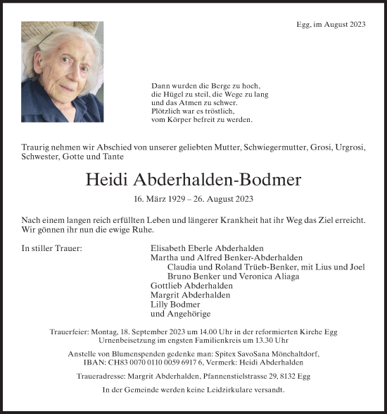 Traueranzeige von Heidi Abderhalden-Bodmer von AvU