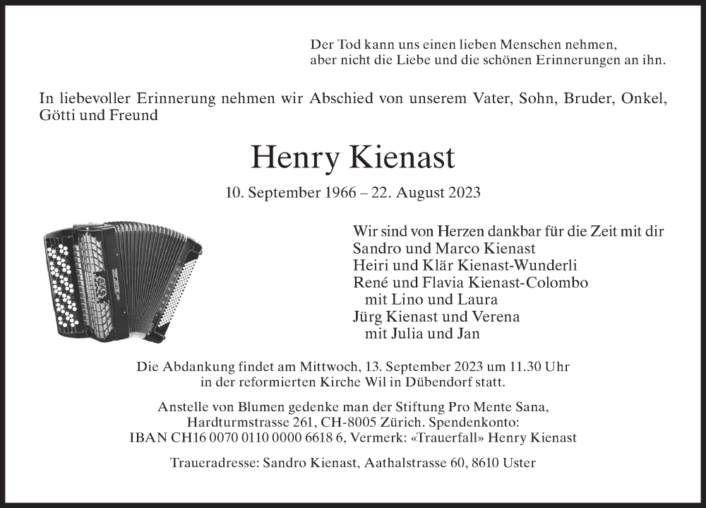  Traueranzeige für Henry Kienast vom 06.09.2023 aus AvU