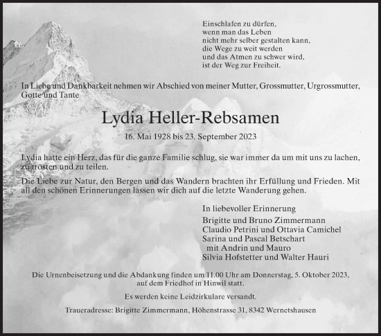 Traueranzeige von Lydia Heller-Rebsamen von ZO solo