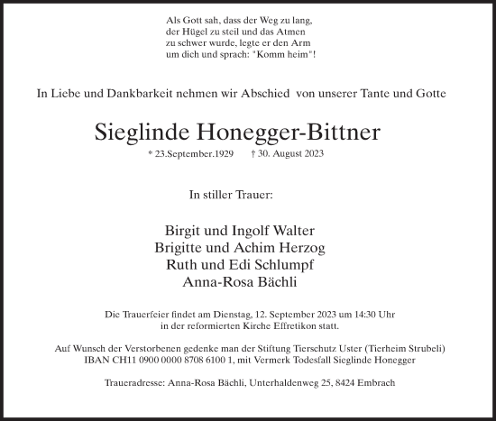 Traueranzeige von Sieglinde Honegger-Bittner von reg_2