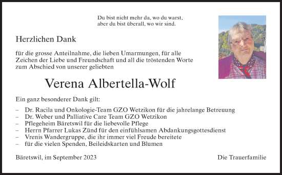 Traueranzeige von Verena Albertella-Wolf von AvU