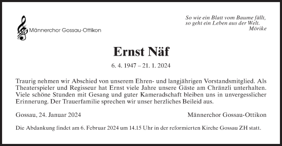 Traueranzeige von Ernst Näf von AvU