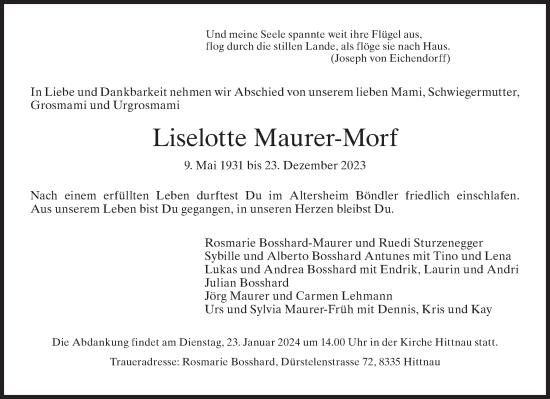 Traueranzeige von Liselotte Maurer-Morf von AvU