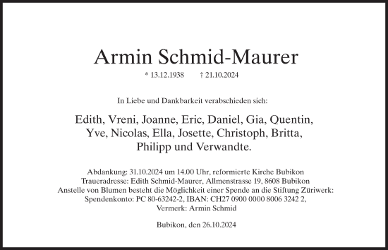 Traueranzeige von Armin Schmid-Maurer von AvU