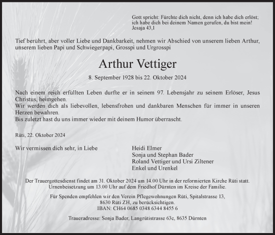 Traueranzeige von Arthur Vettiger von AvU