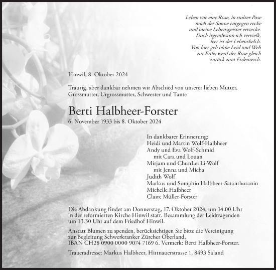 Traueranzeige von Berti Halbheer-Forster von AvU