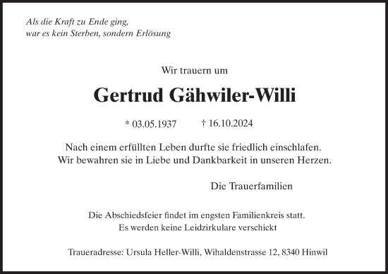 Traueranzeige von Gertrud Gähwiler-Willi von AvU