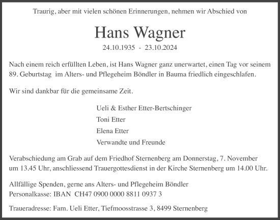 Traueranzeige von Hans Wagner von AvU