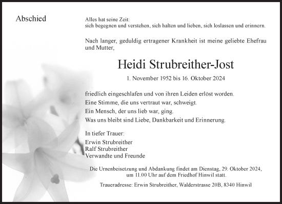 Traueranzeige von Heidi Strubreither-Jost von AvU