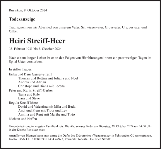 Traueranzeige von Heiri Streiff-Heer von AvU