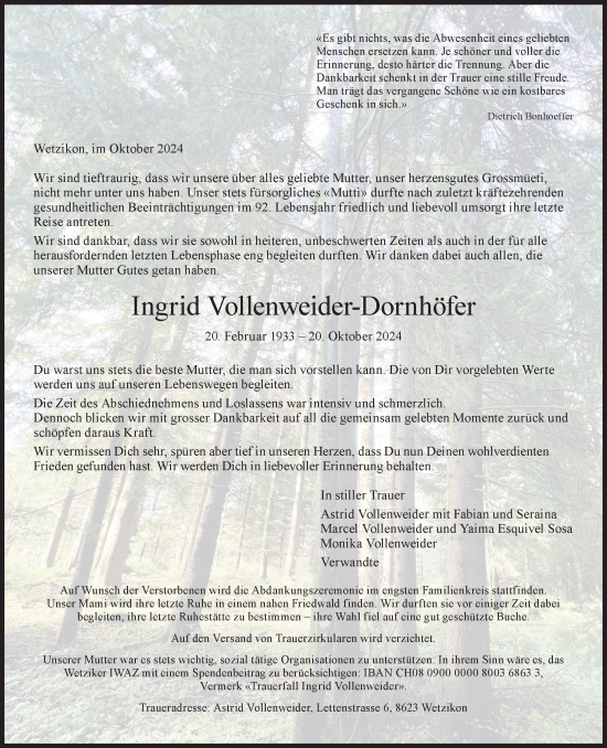 Traueranzeige von Ingrid Vollenweider-Dornhöfer von AvU