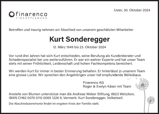 Traueranzeige von Kurt Sonderegger von AvU