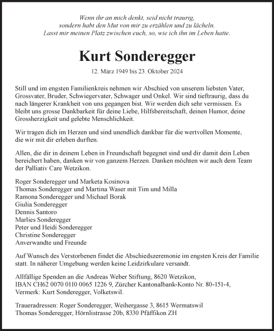 Traueranzeige von Kurt Sonderegger von AvU