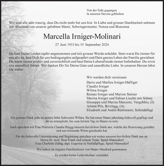 Traueranzeige von Marcella Irniger-Molinari von AvU