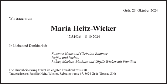 Traueranzeige von Maria Heitz-Wicker von AvU