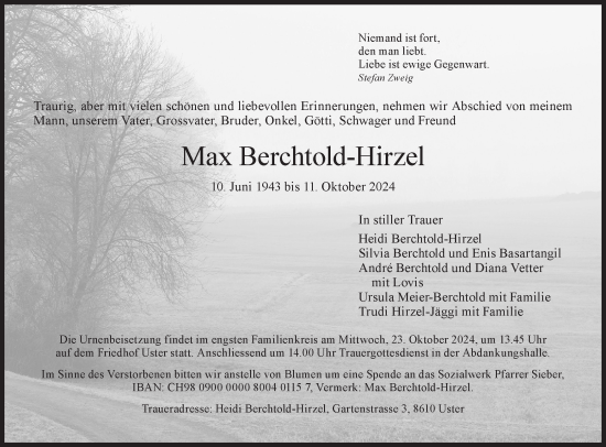 Traueranzeige von Max Berchtold-Hirzel von AvU