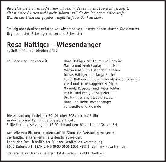 Traueranzeige von Rosa Häfliger-Wiesendanger von AvU