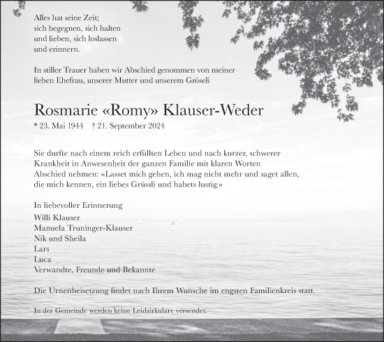 Traueranzeige von Rosmarie Klauser-Weder von AvU