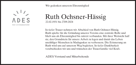 Traueranzeige von Ruth Ochsner-Hässig von AvU