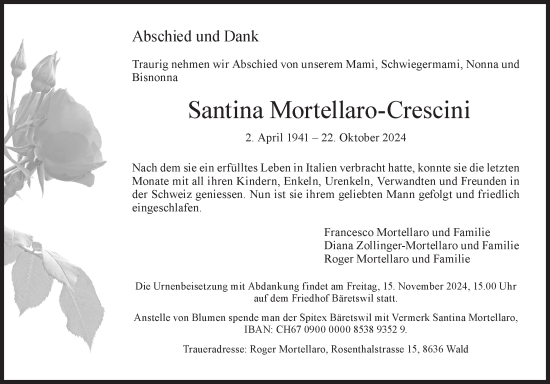 Traueranzeige von Santina Mortellaro-Crescini von AvU