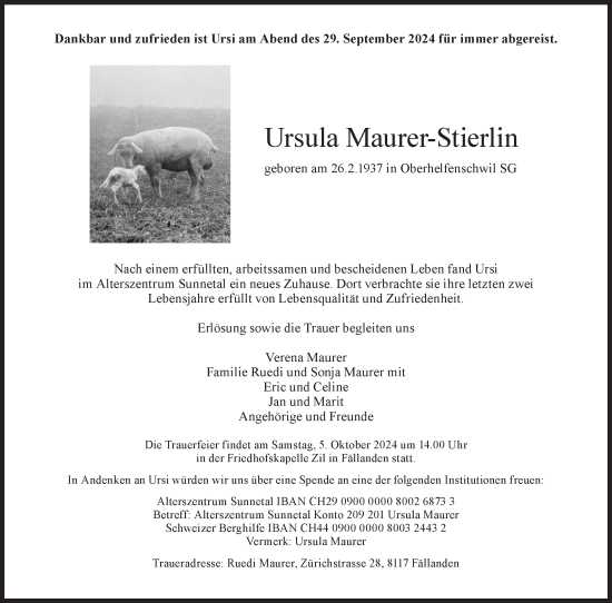 Traueranzeige von Ursula Maurer-Stierlin von AvU