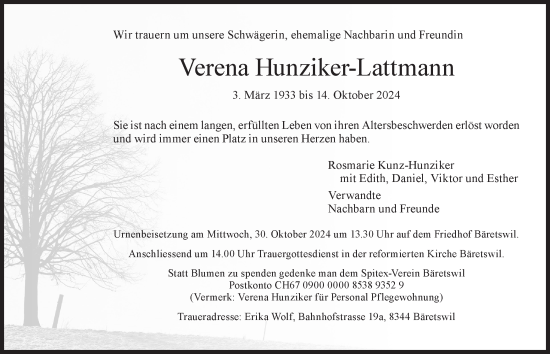 Traueranzeige von Verena Hunziker-Lattmann von AvU