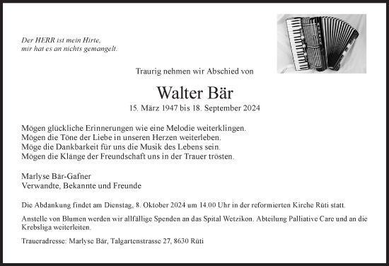 Traueranzeige von Walter Bär von AvU