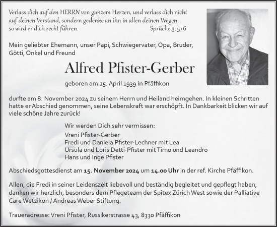 Traueranzeige von Alfred Pfister-Gerber von AvU