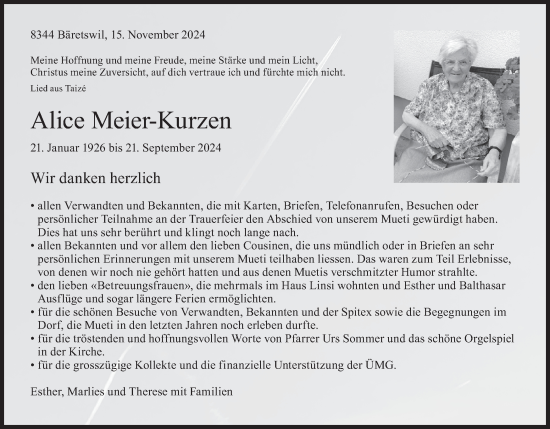 Traueranzeige von Alice Meier-Kurzen von AvU