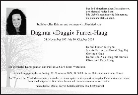 Traueranzeige von Dagmar  Furrer-Haag von AvU