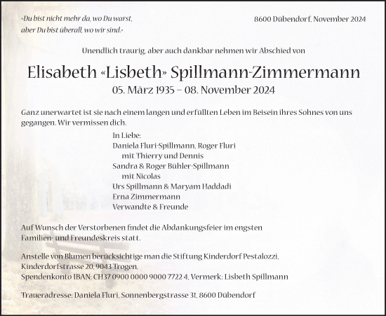 Traueranzeige von Elisabeth  Spillmann-Zimmermann von VO solo