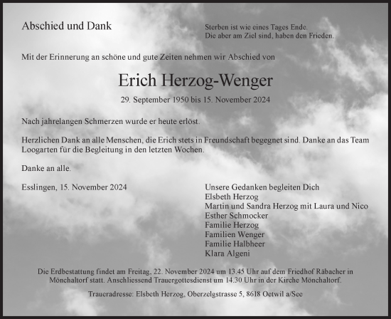 Traueranzeige von Erich  Herzog-Wenger von AvU