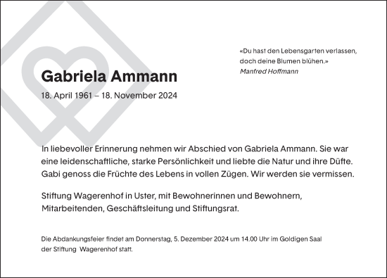 Traueranzeige von Gabriela Ammann von AvU