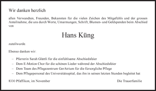 Traueranzeige von Hans Küng von AvU