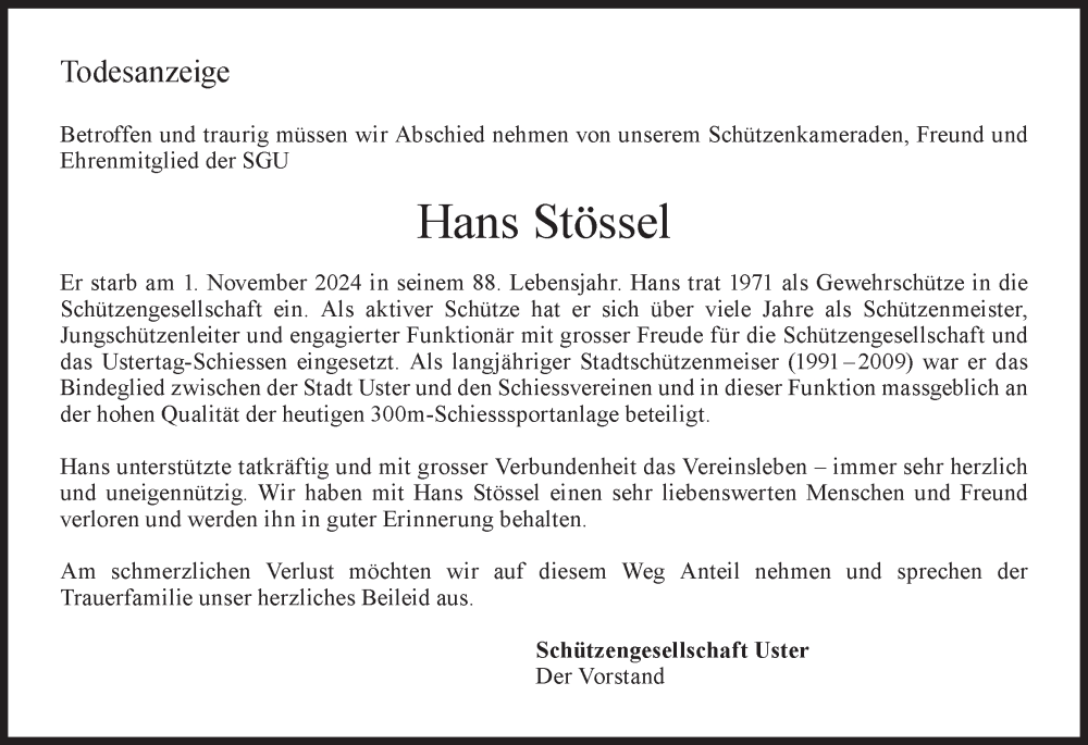  Traueranzeige für Hans Stössel vom 13.11.2024 aus AvU