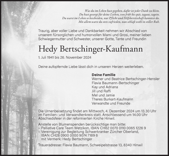 Traueranzeige von Hedy Bertschinger-Kaufmann von AvU