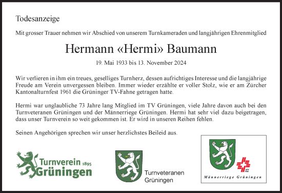 Traueranzeige von Hermann Baumann von AvU