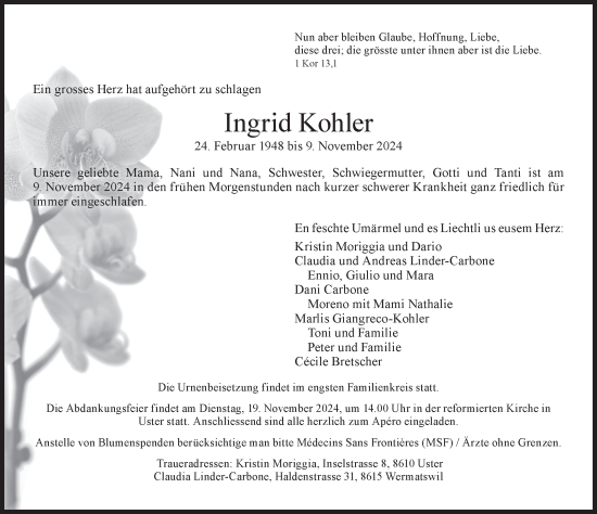 Traueranzeige von Ingrid Kohler von AvU