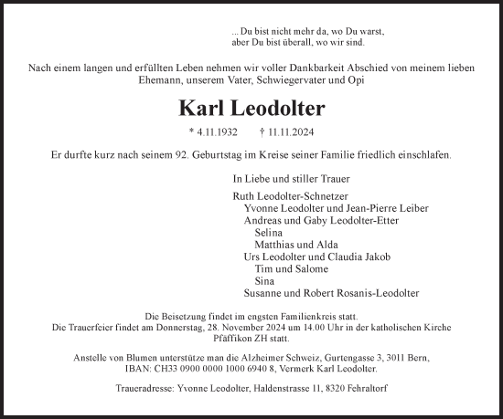 Traueranzeige von Karl Leodolter von AvU