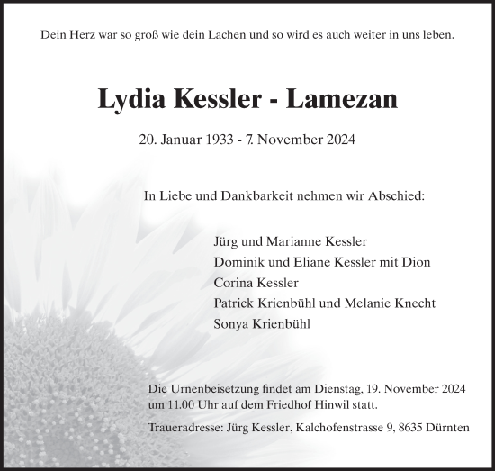 Traueranzeige von Lydia  Kessler-Lamezan von AvU