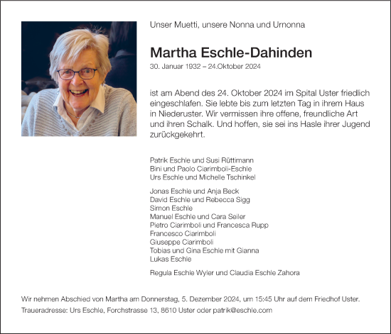 Traueranzeige von Martha Eschle-Dahinden von AvU