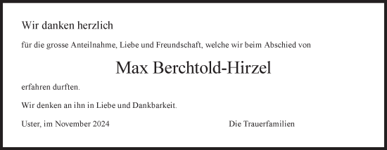 Traueranzeige von Max Berchtold-Hirzel von AvU