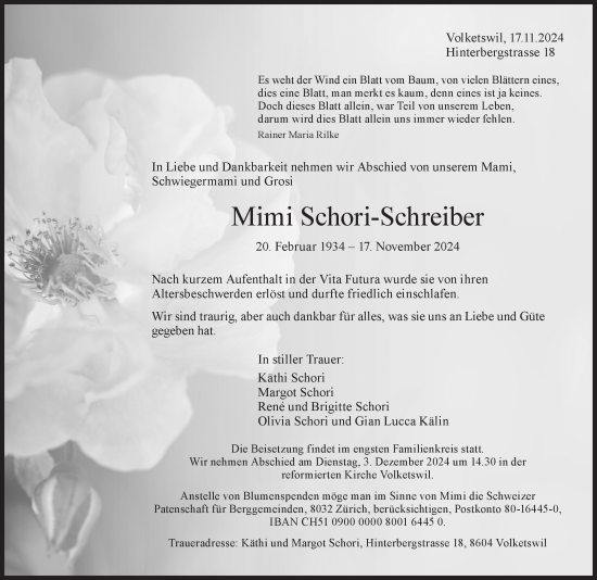 Traueranzeige von Mimi Schori-Schreiber von AvU