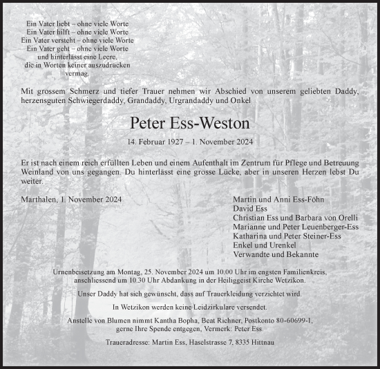 Traueranzeige von Peter Ess-Weston von AvU