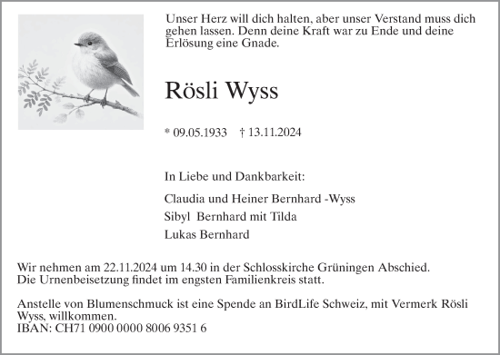 Traueranzeige von Rösli Wyss von AvU